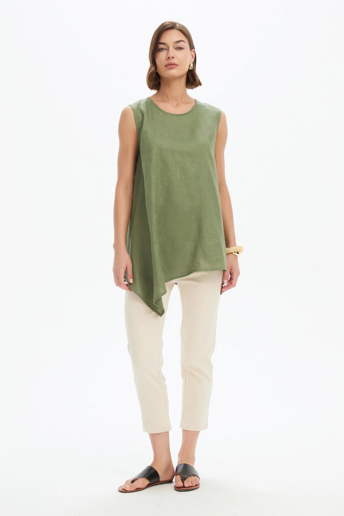 Asymmetric Sleeveless Tunic - Olive Green