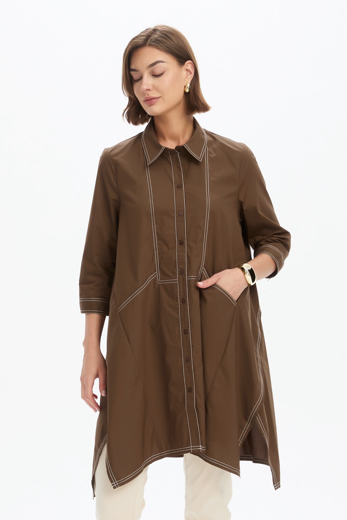Handkerchief Hem Contrast Shirt - Chocolate
