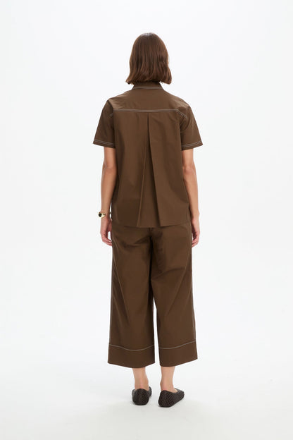 Pleated Contrast Shirt - Chocolate