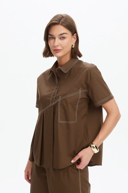 Pleated Contrast Shirt - Chocolate