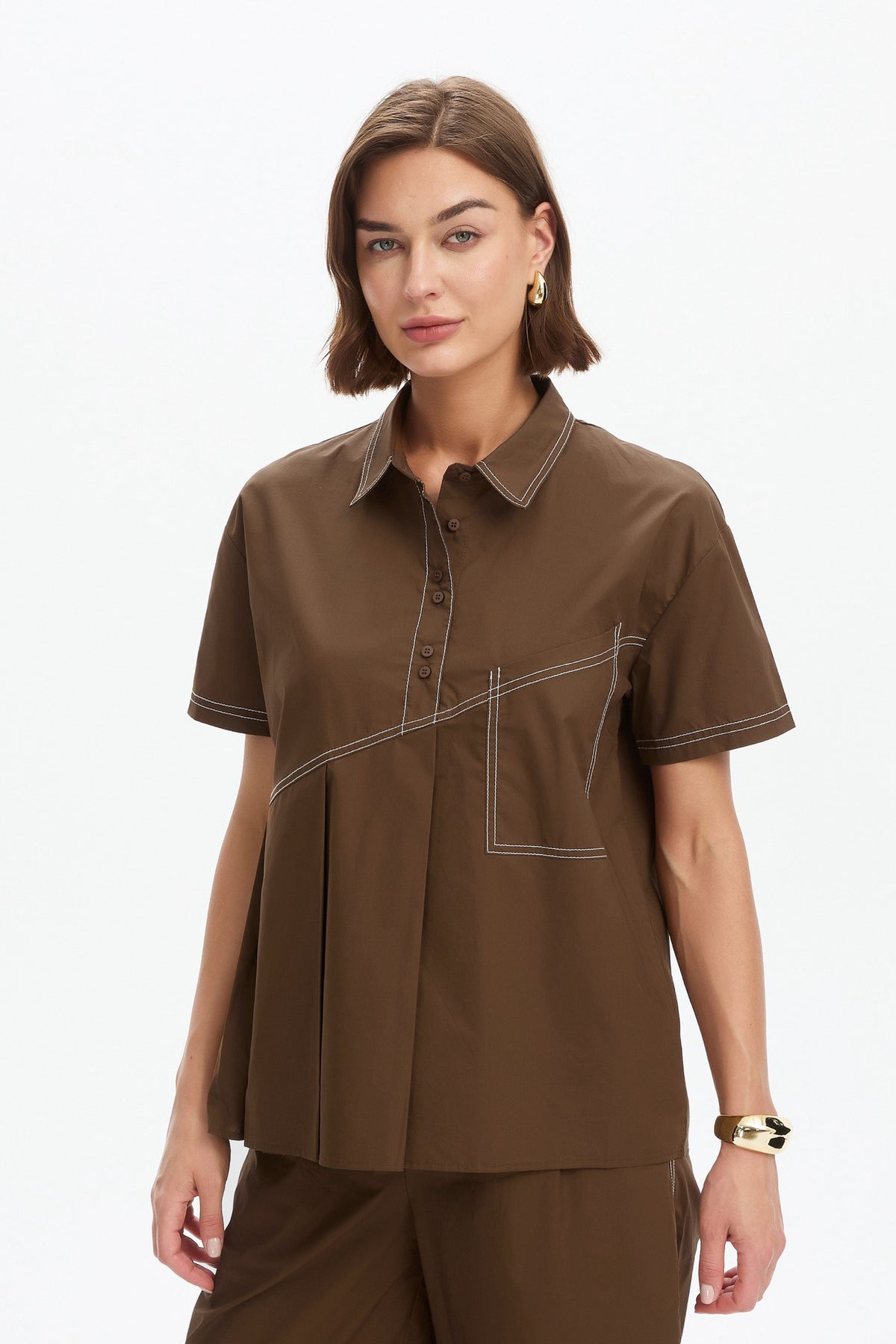 Pleated Contrast Shirt - Chocolate