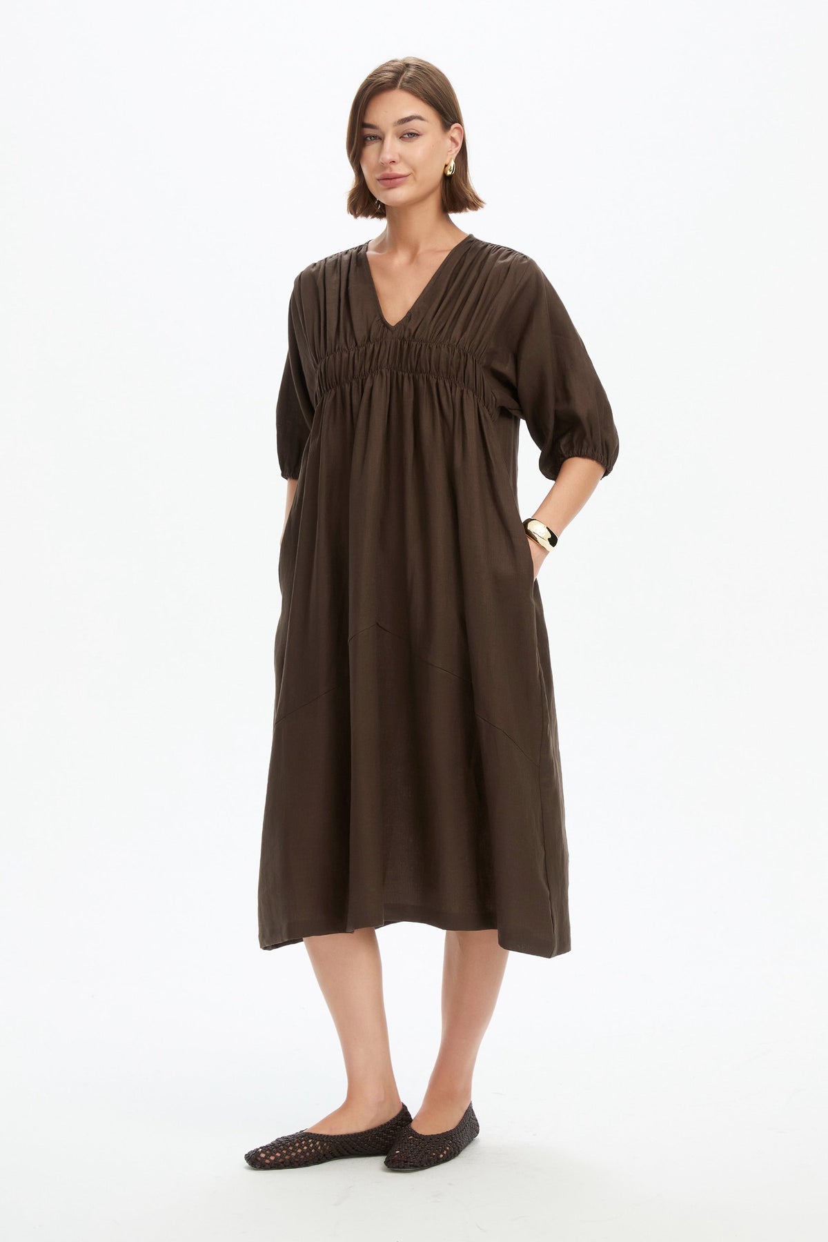 Puff Sleeve Gather Dress - Chocolate