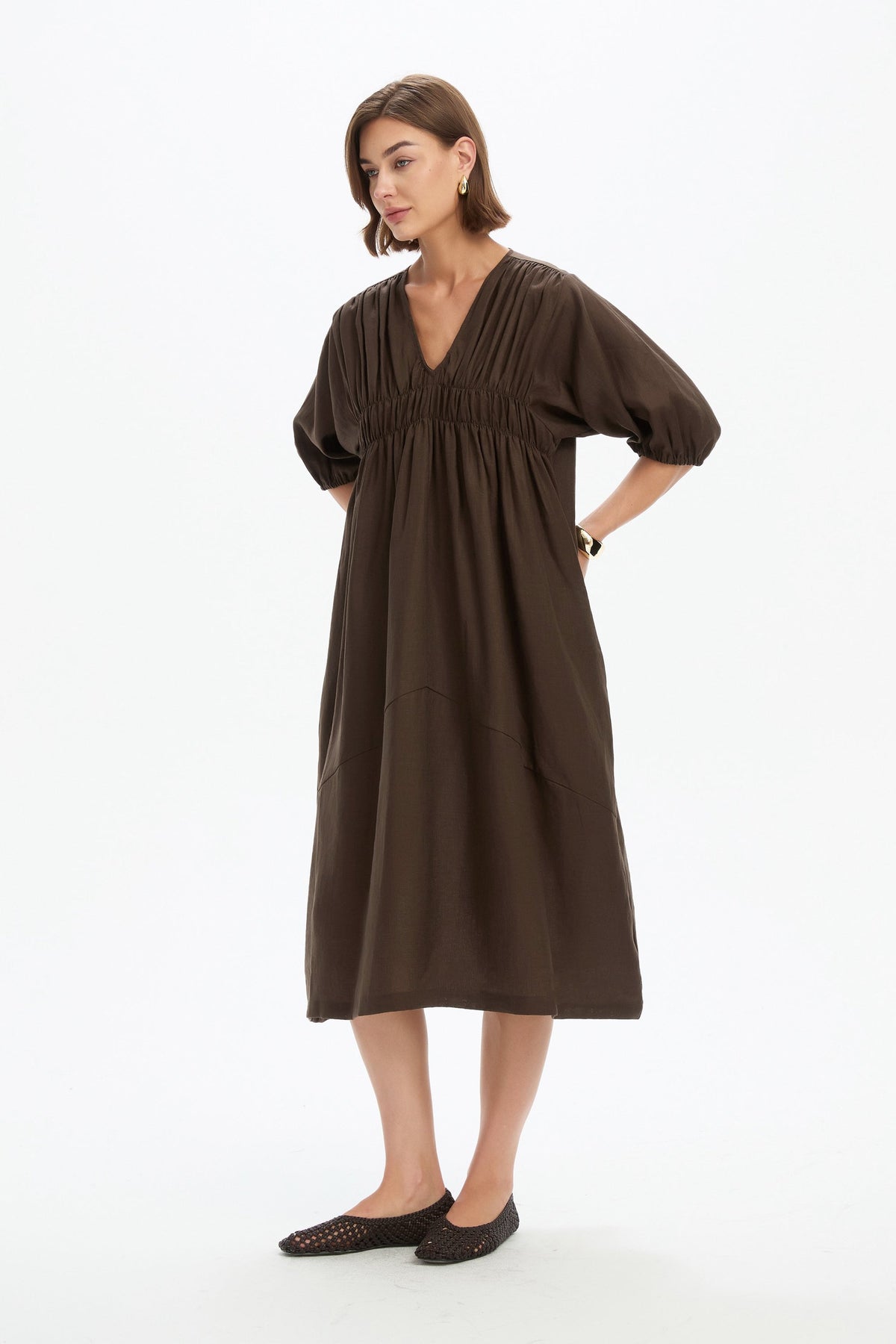 Puff Sleeve Gather Dress - Chocolate