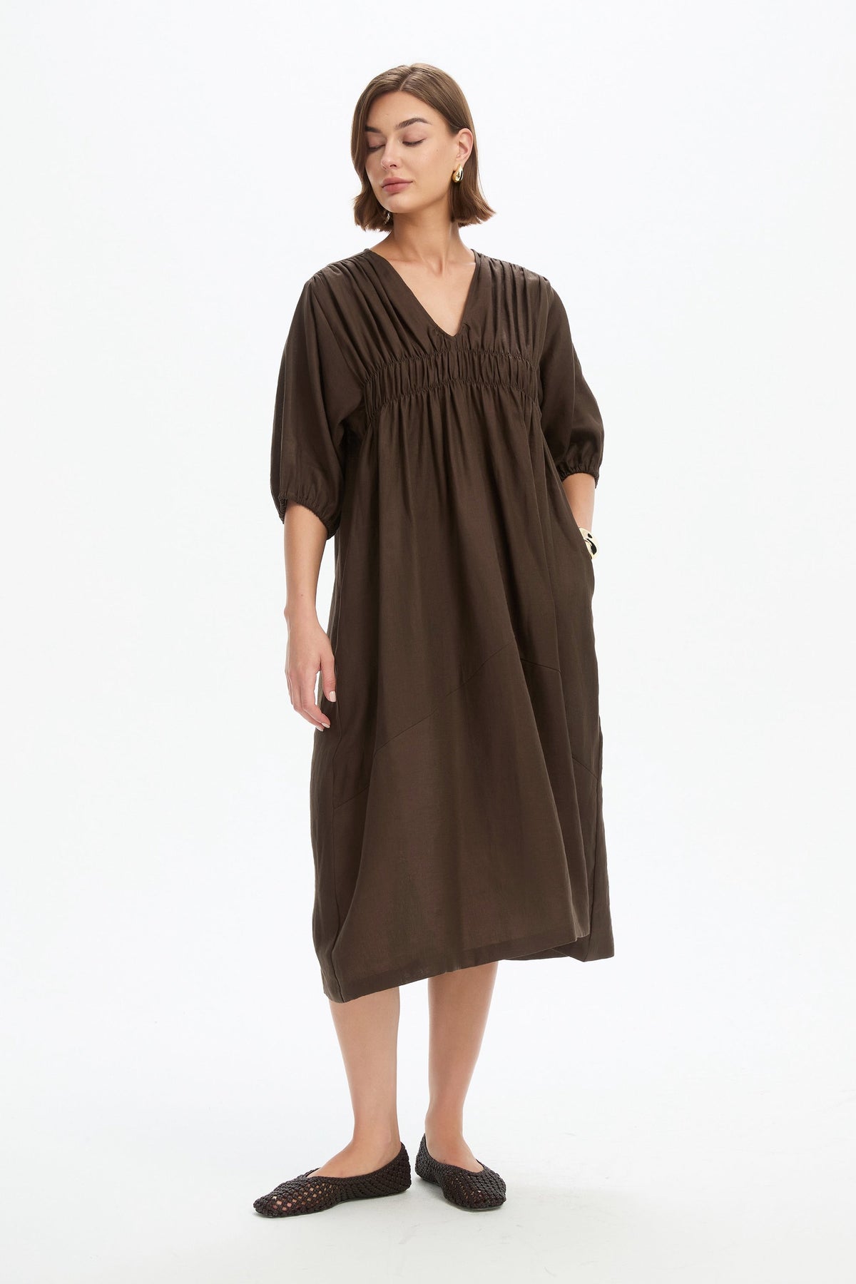 Puff Sleeve Gather Dress - Chocolate