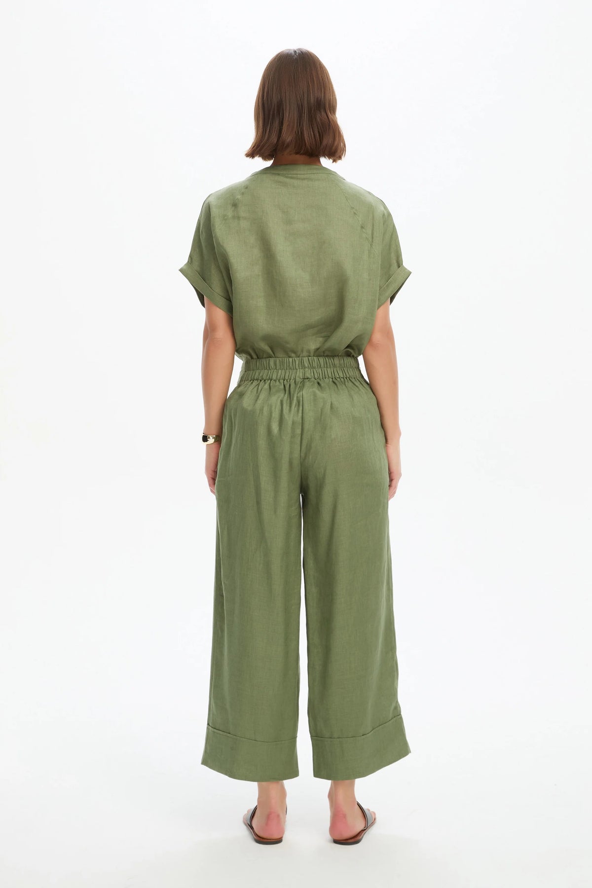 Wide Leg Linen Pant - Olive Green