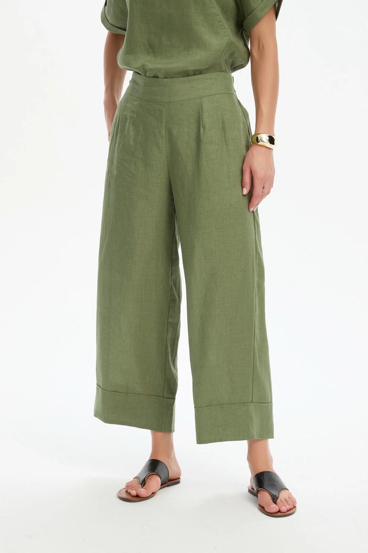 Wide Leg Linen Pant - Olive Green
