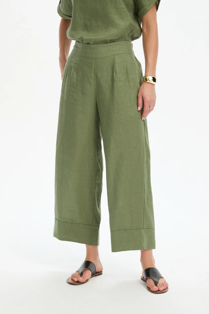Wide Leg Linen Pant - Olive Green