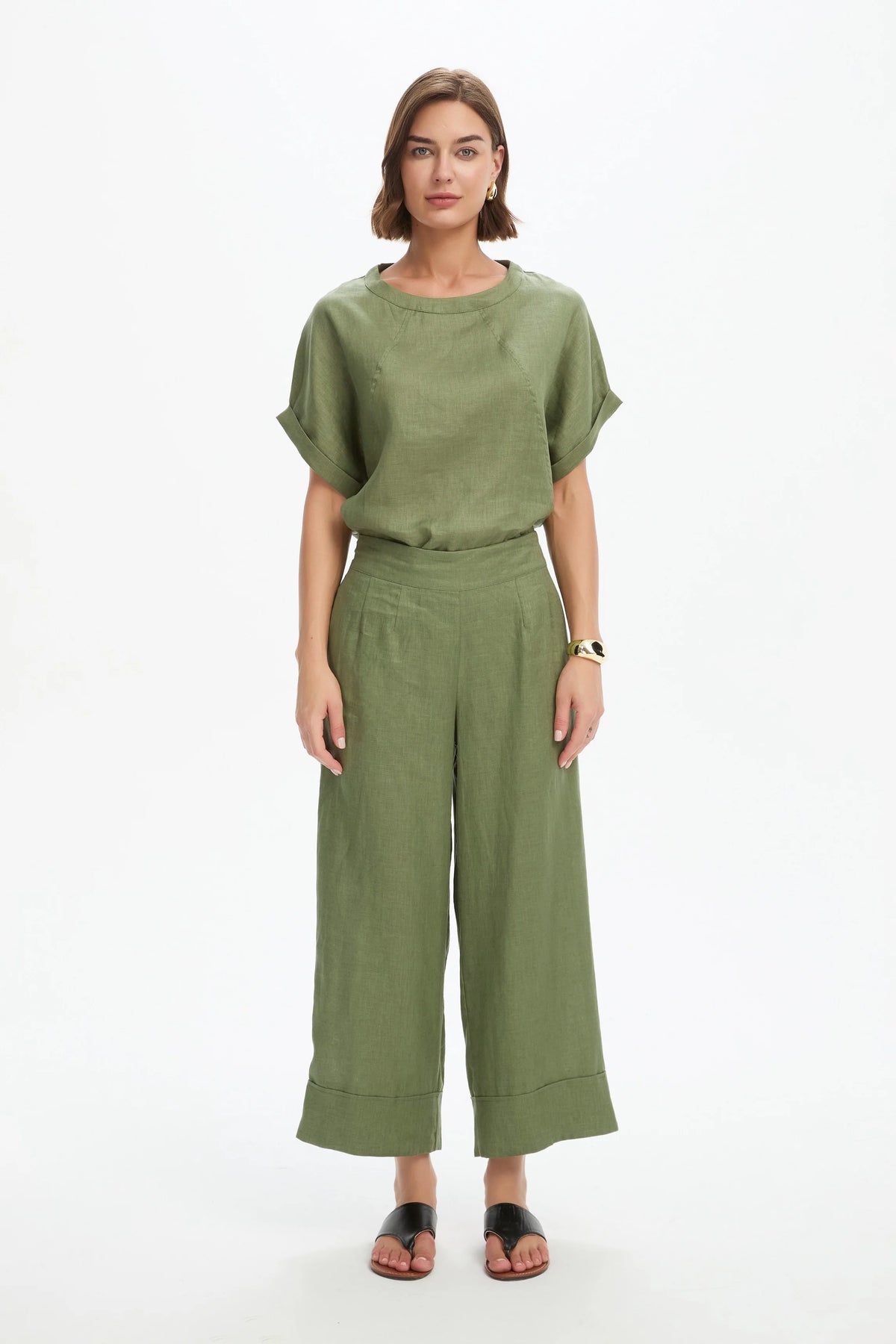 Wide Leg Linen Pant - Olive Green