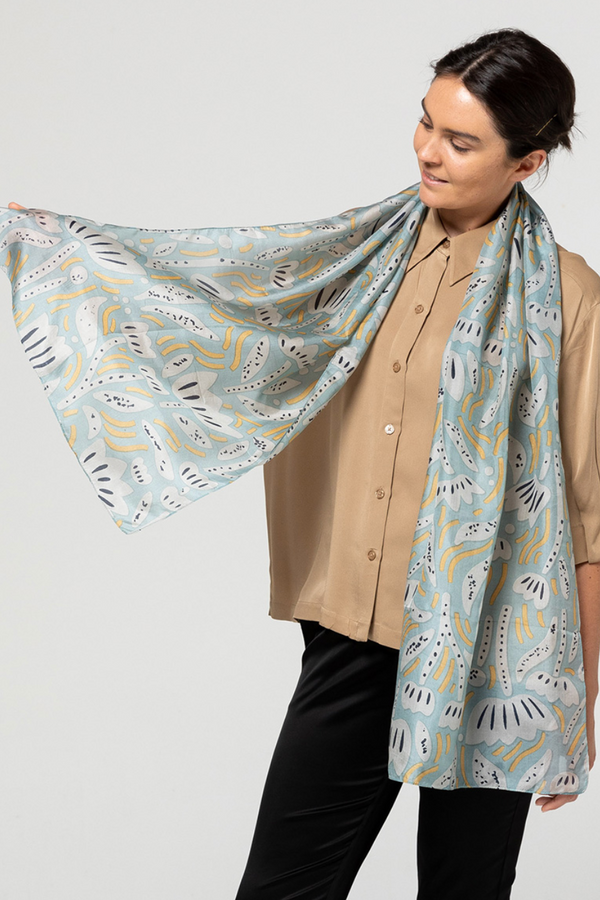 Daisy Silk Scarf - Lake/Butter/Indigo